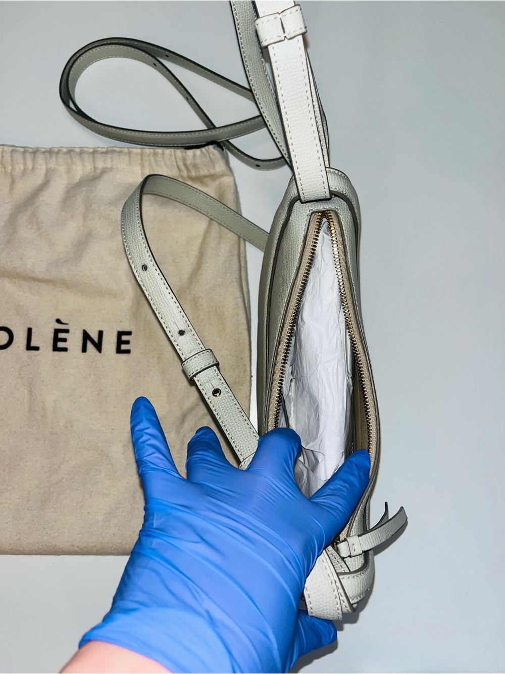 Authentic Polène Numéro Dix Bag - Textured Chalk Leather Crescent Crossbody Bag - Picture 13 of 14